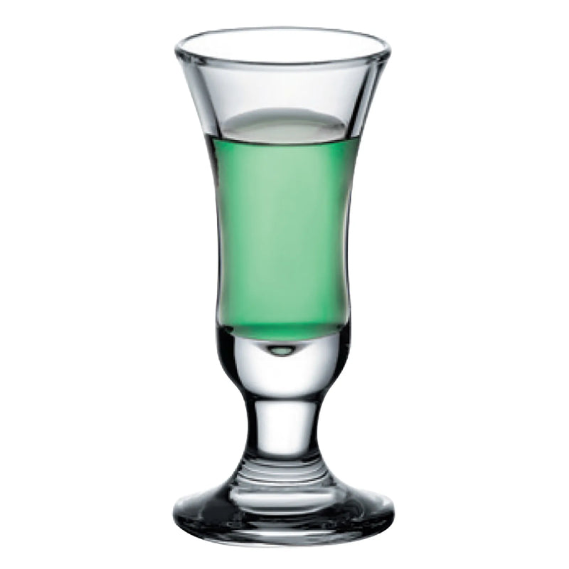 Browne CAPRI 1 oz clear footed shot glass with flared rim, shown filled with green liqueur, pack of 12