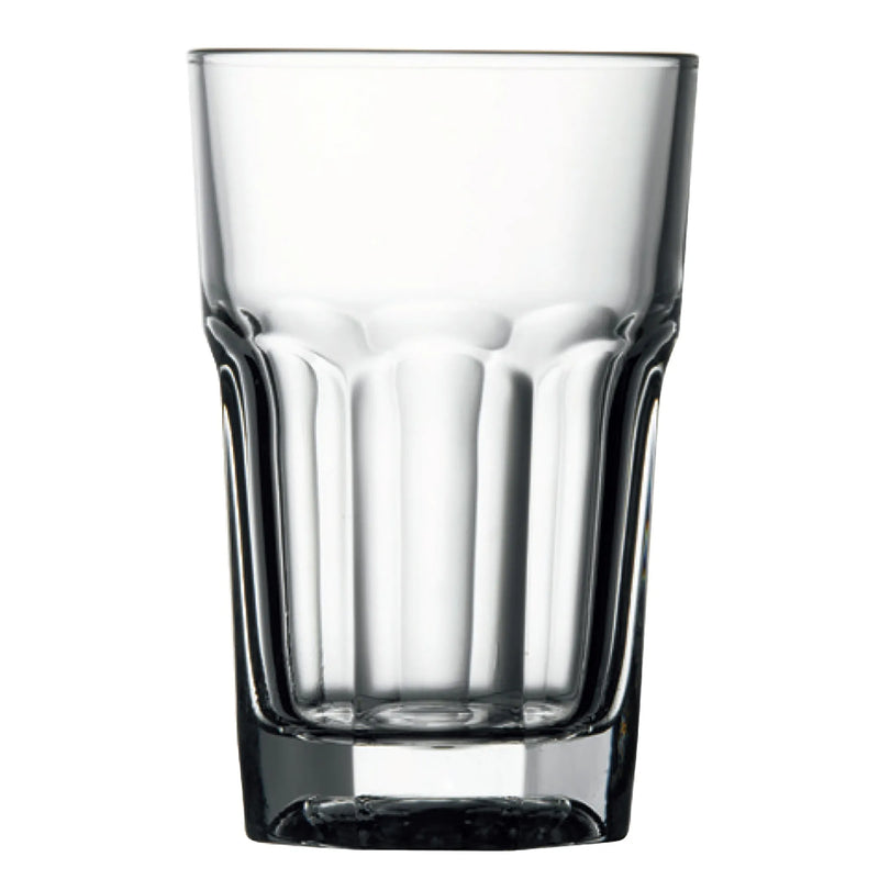 Browne CASABLANCA 9.5 oz clear glass hi-ball glass with paneled lower body and heavy base, sold in a pack of 12