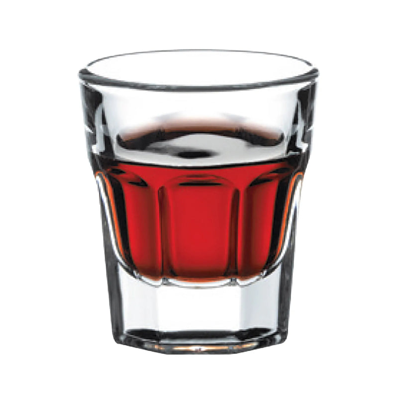 Browne CASABLANCA 1.25 oz clear paneled whisky shot glass with heavy base, shown filled with red liquor
