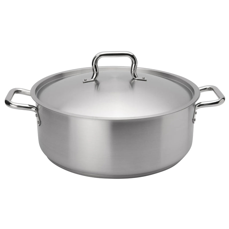 Browne ELEMENTS stainless steel brazier with cover, wide shallow pan with two loop handles and domed lid