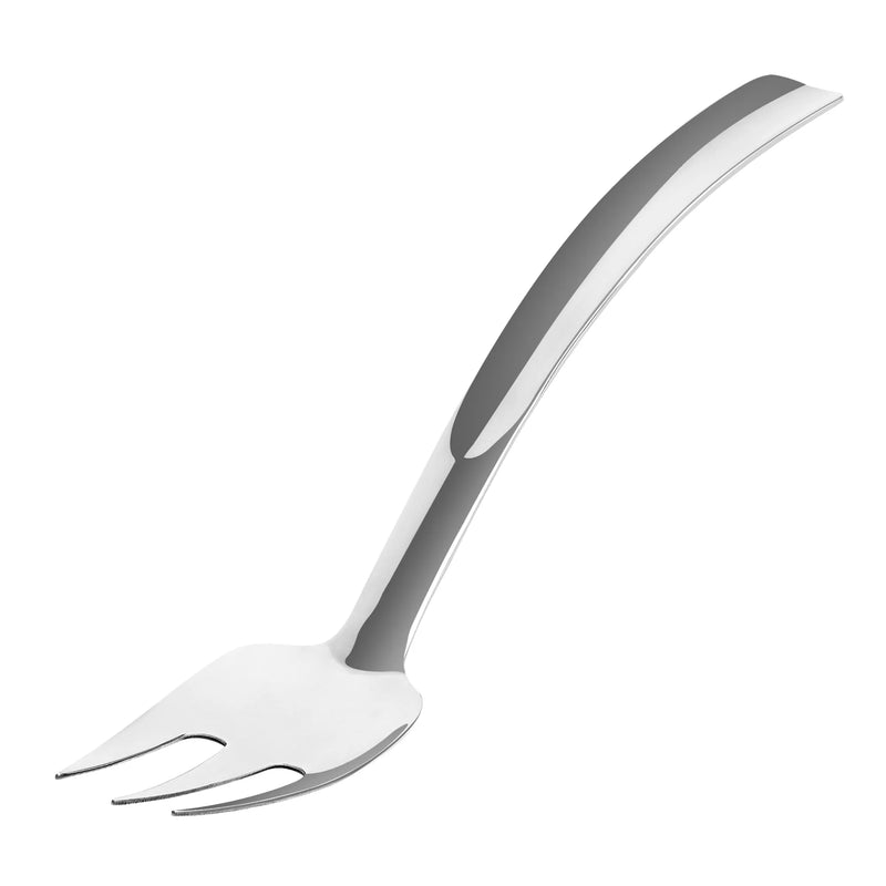 Browne HORIZON 10-inch stainless steel serving fork with curved hollow handle and two-tine head, angled view