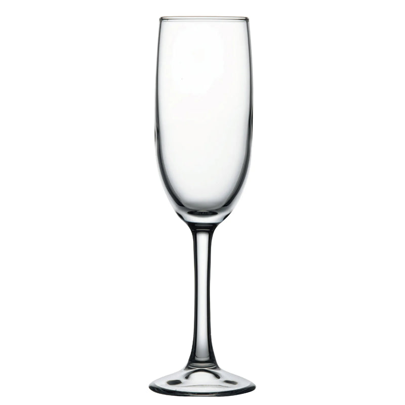 Browne IMPERIAL PLUS 5.75 oz clear glass champagne flute with long slim stem and round foot, pack of 12