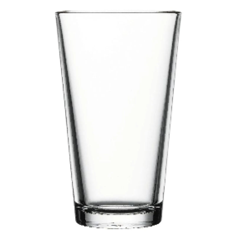 Browne clear glass mixing glass with tapered pint shape and heavy base, sold in a pack of 12, smaller size