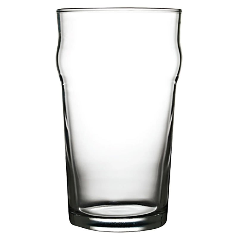 Browne NONIC 20 oz clear glass pub glass with bulged rim near the top and straight tapered sides, pack of 12
