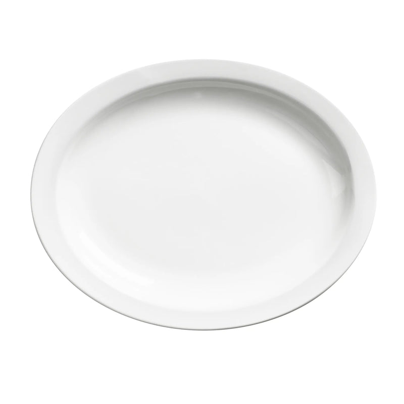 Browne PALM white porcelain oval plate with narrow rim, sold in a pack of 12, shown from an angled top view