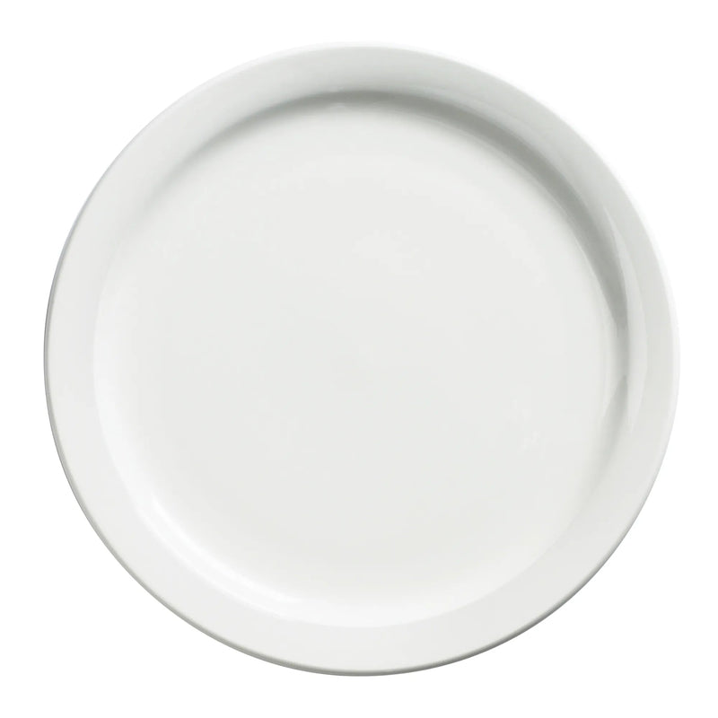 Browne PALM white porcelain round plate with narrow raised rim, sold in a pack of 12, angled top view