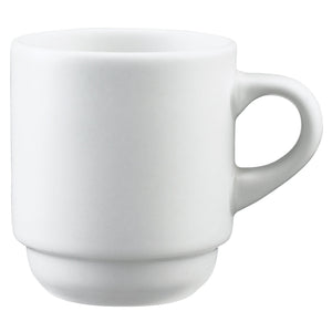 Browne PALM white porcelain stackable cup with stacking foot and C-shaped handle, tall mug size option