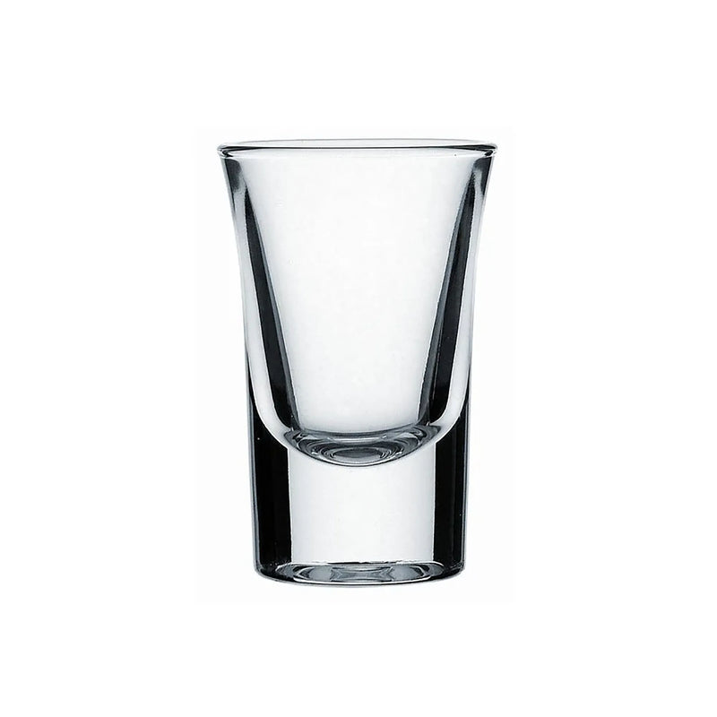 Browne SHOOTER 1 oz clear glass shot glass with flared rim and thick heavy base, sold in a pack of 12, front view