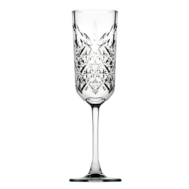 Browne TIMELESS 6 oz cut-crystal style clear glass champagne flute with slim stem, sold in a pack of 12