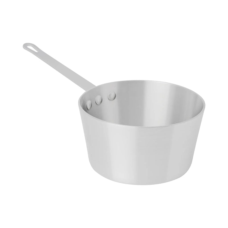 Browne tapered aluminum sauce pan with long riveted handle and natural finish, smaller size option