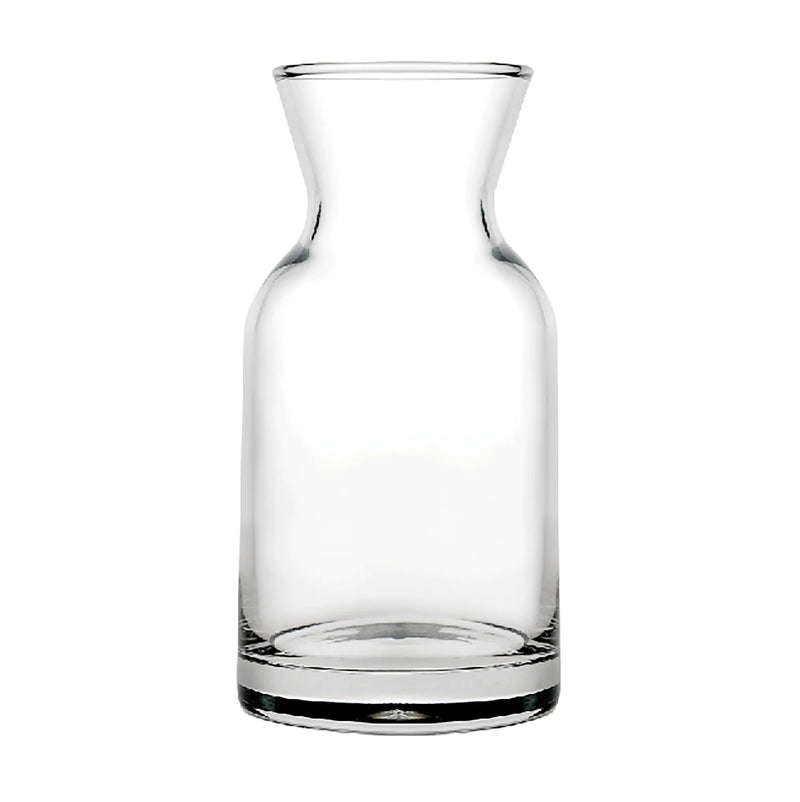 Browne VILLAGE clear glass carafe with short wide body and flared neck, smallest size option, front view