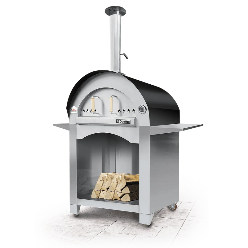 Ciao Bella Quattro wood fired outdoor pizza oven with black dome on stainless steel cart with side shelves and wood storage