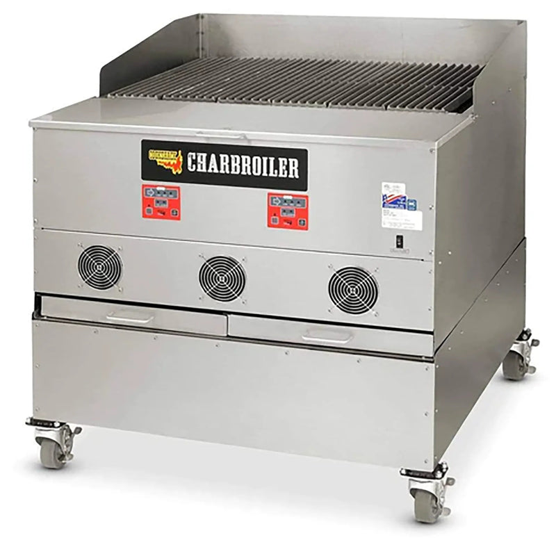 Cookshack CB036 wood pellet fired 36-inch charbroiler in stainless steel with top grates and three front fans