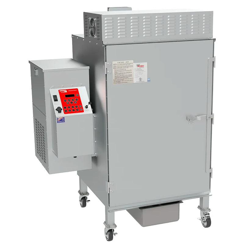 Cookshack FEC120 commercial gas pellet smoker oven in stainless steel with side pellet hopper and controller