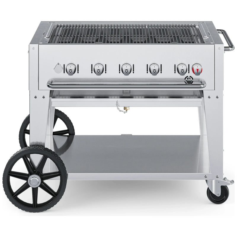 Crown Verity CV-MCB-36 36" stainless steel mobile BBQ grill, grill only with open cooking grates, front view