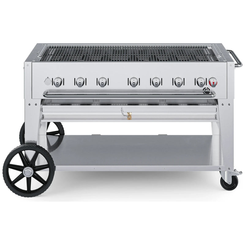 Crown Verity CV-MCB-48 48" mobile BBQ grill, grill only with open cooking grates, stainless steel, front view