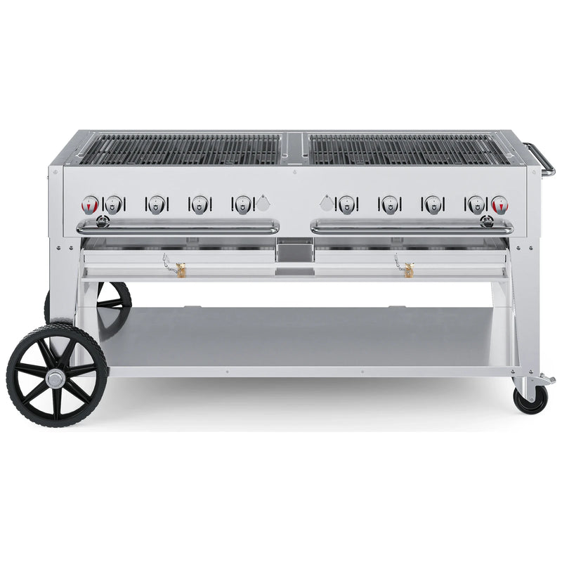 Crown Verity CV-MCB-60 60" mobile BBQ grill, grill only with open cooking grates, stainless steel, front view