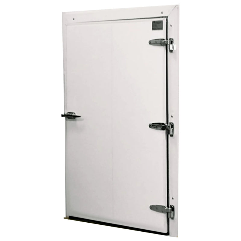 Curtron cold storage swing door, white insulated door panel with chrome hinges and latch handle, front angled view