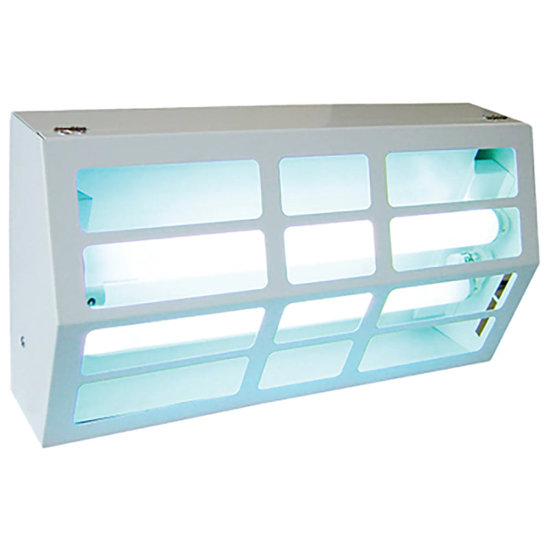 Curtron Pest-Pro 300 Series decorative insect trap, white metal grille housing with glowing UV lamps, angled view