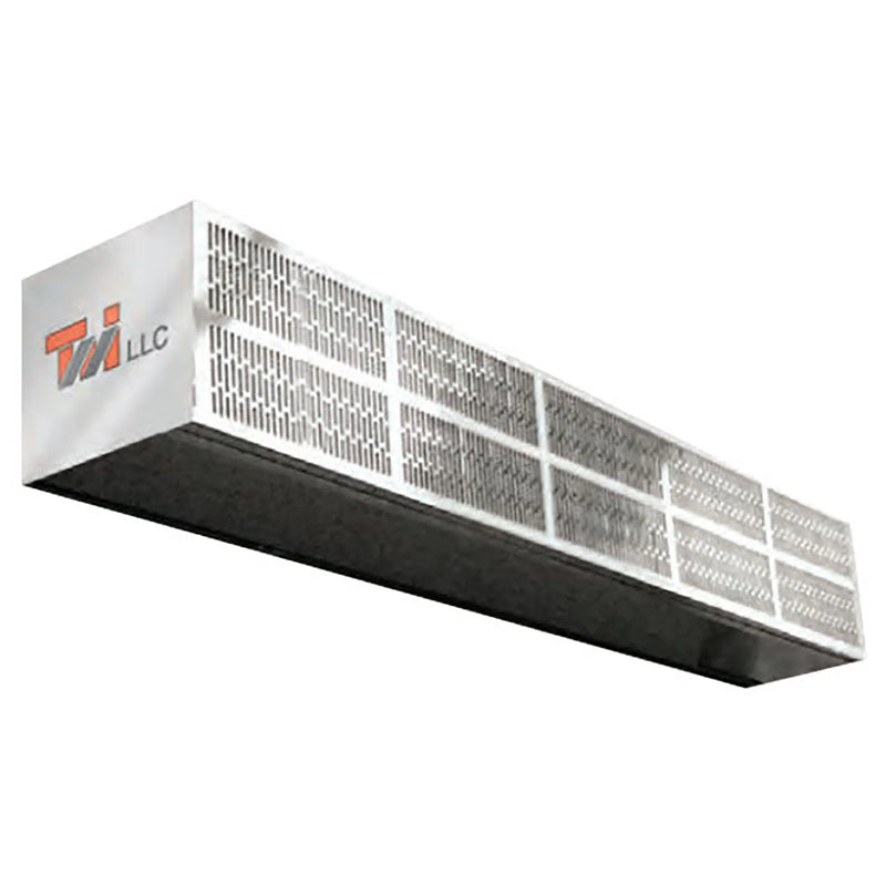 Curtron S-LP Series low profile air curtain with slim silver housing and full-length intake grille, angled left view