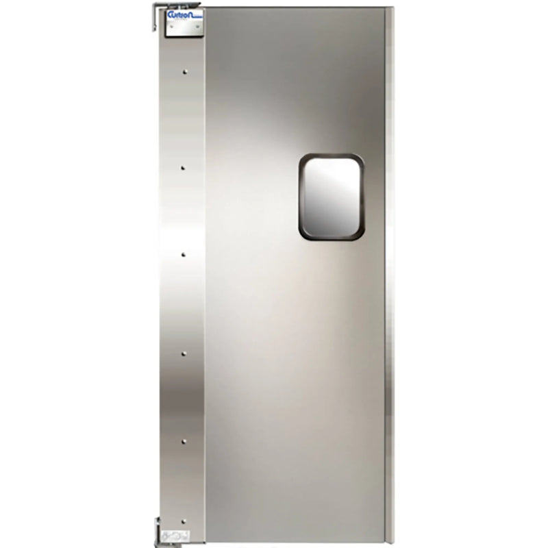 Curtron SPD-20 series single swinging traffic door in stainless steel with rectangular view window, front