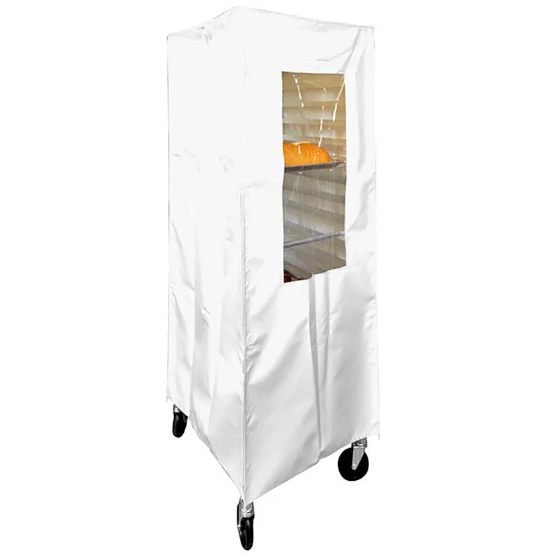 Curtron SUPRO-14 sheet pan rack cover in white vinyl with clear viewing window, fitted over a rack on casters
