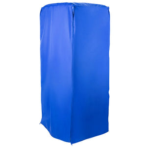 Curtron SUPRO-IC insulated sheet pan rack cover in blue, fully closed over a sheet pan rack, front angled view