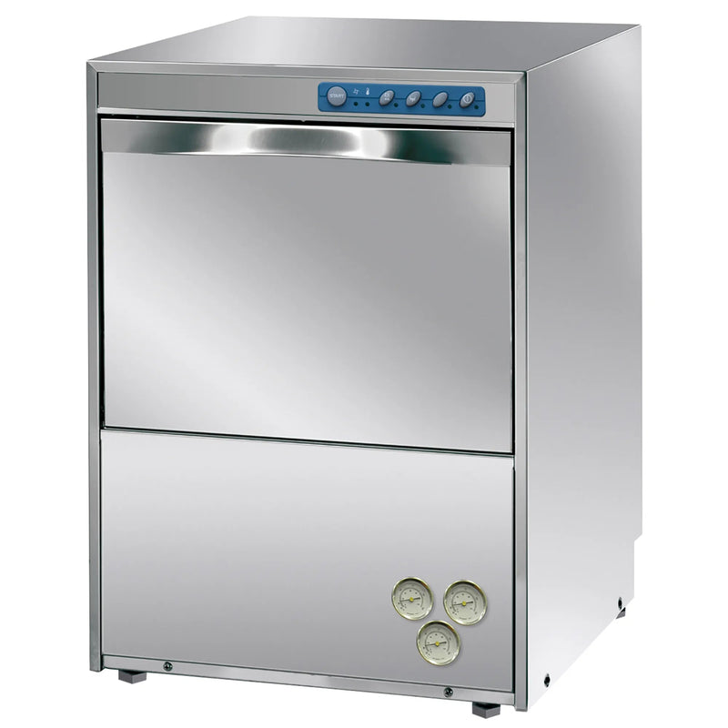 DIHR DS 50 USA high-temp under counter dishwasher in stainless steel with top control panel, angled front view