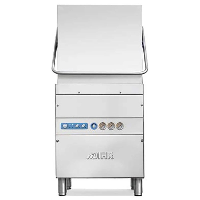 DIHR HT 11 USA high-temp hood type pass through dishwasher in stainless steel with front control panel, front view