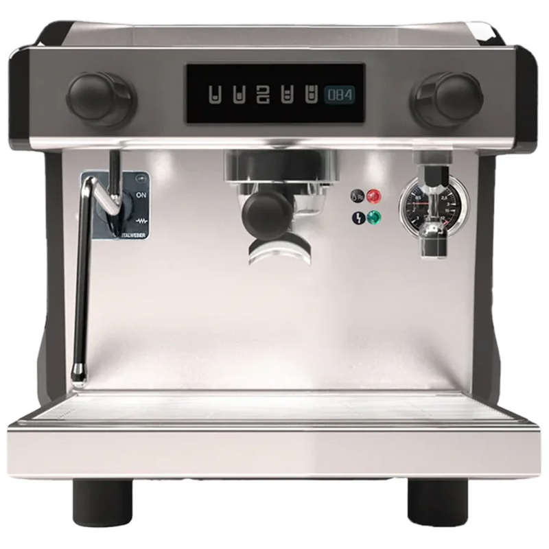 Di Giorgio Lab LAB*100 one group espresso machine in stainless steel and black with steam wands, front view