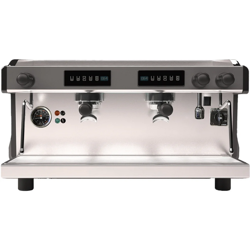 Di Giorgio Lab LAB*100 two group espresso machine in stainless steel with black top panel and steam wands, front