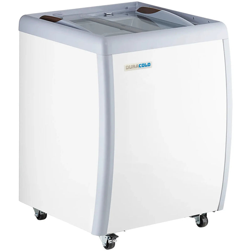 Duracold DIPC-26 white ice cream dipping and gelato freezer without sneeze guard, sliding glass lids closed, angled view