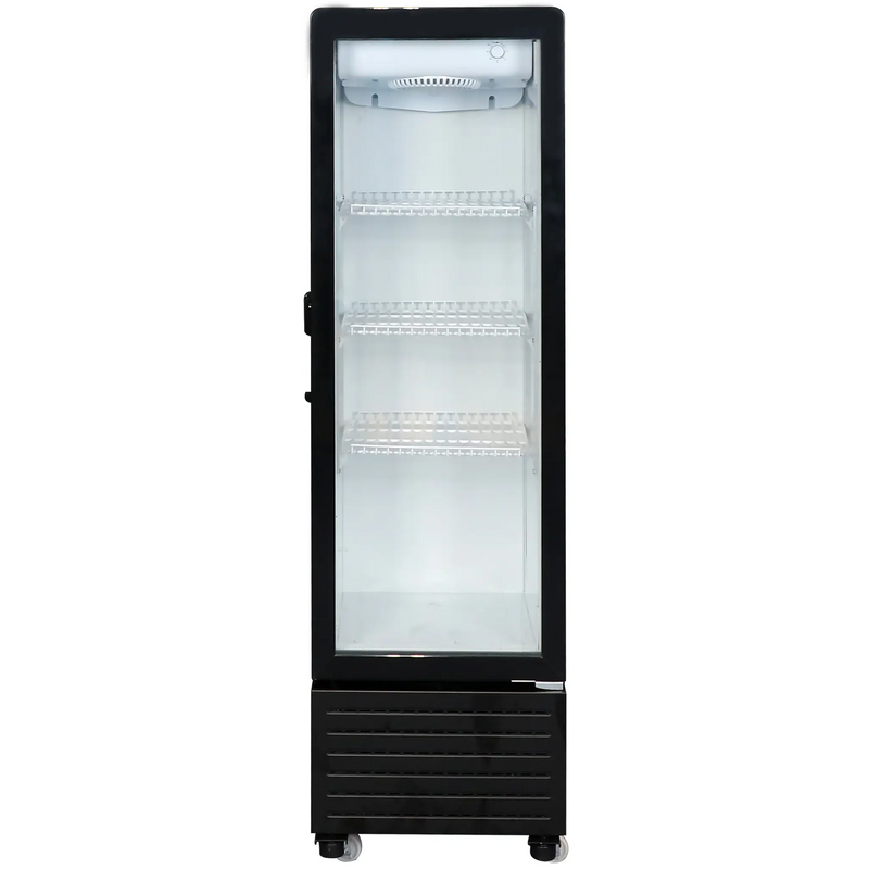 Duracold GD-145B 17-inch slim black single glass door display refrigerator with white wire shelves, front view