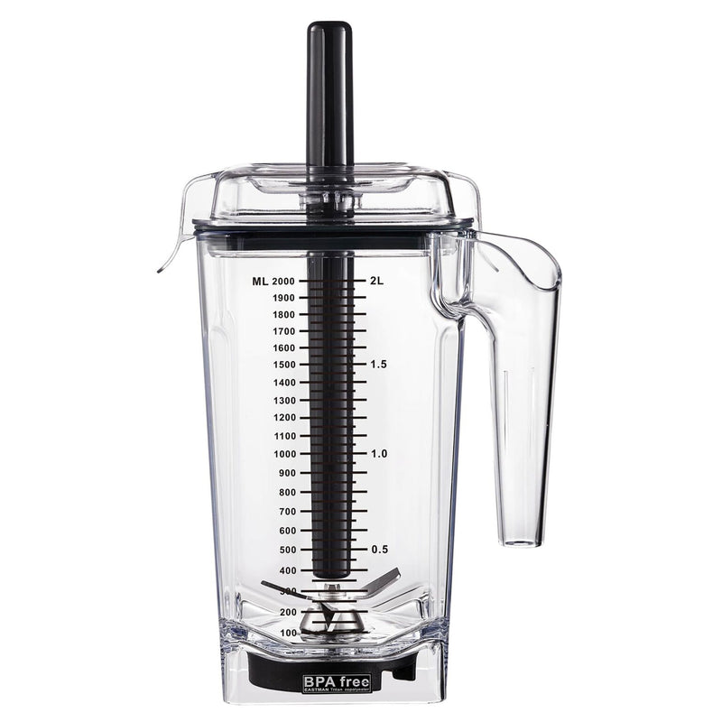 Dynamic BL756DT extra 2L blender container, clear plastic jar with measurement markings and black tamper