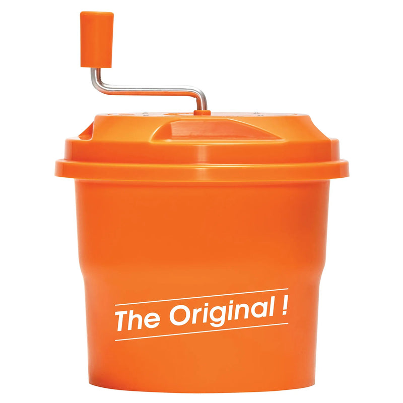 Dynamic E007 SD MINI manual salad spinner, 1.25 gallon orange bowl with crank handle and The Original print