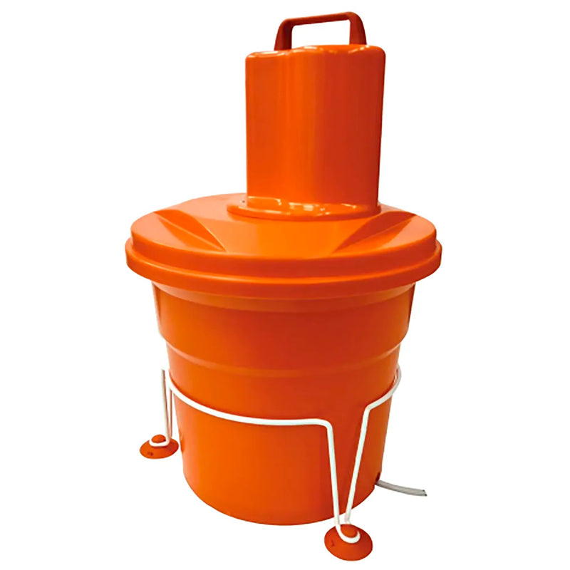 Dynamic EM98 electric salad spinner, 5 gallon orange bowl with top-mounted motor on a white wire base