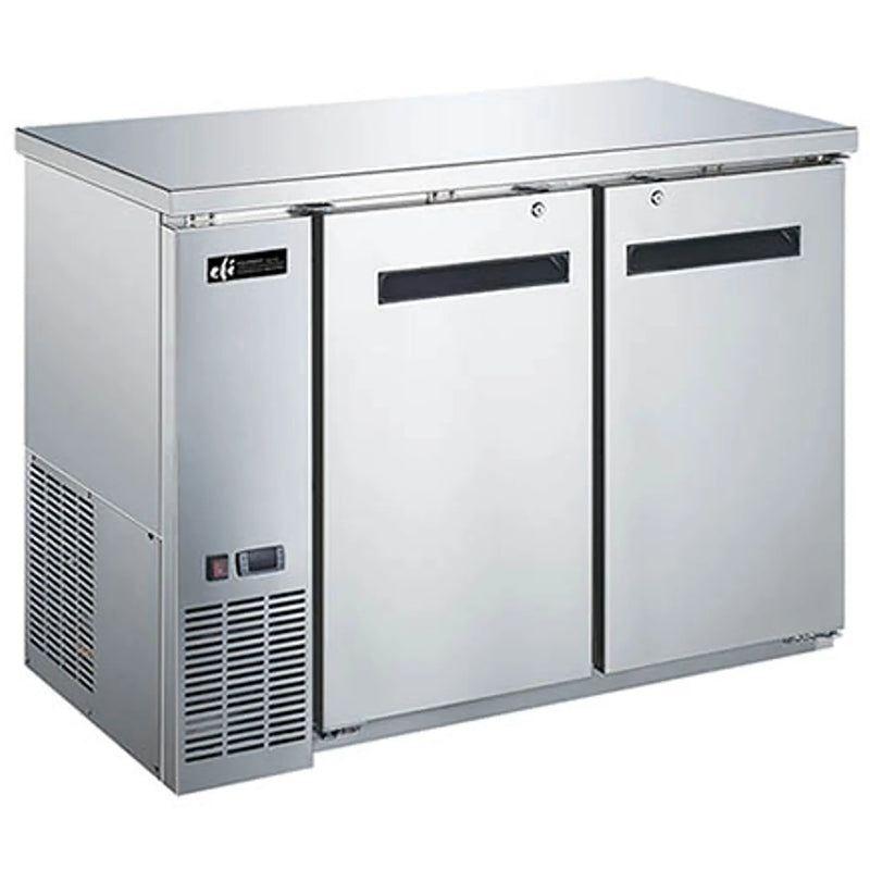 EFI CBBSDR2-48CC 49-inch stainless steel back bar cooler with two solid swing doors, angled front view