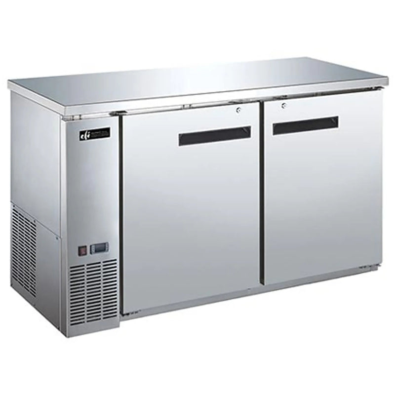 EFI CBBSDR2-60CC 61-inch stainless steel back bar cooler with two solid swing doors, angled front view