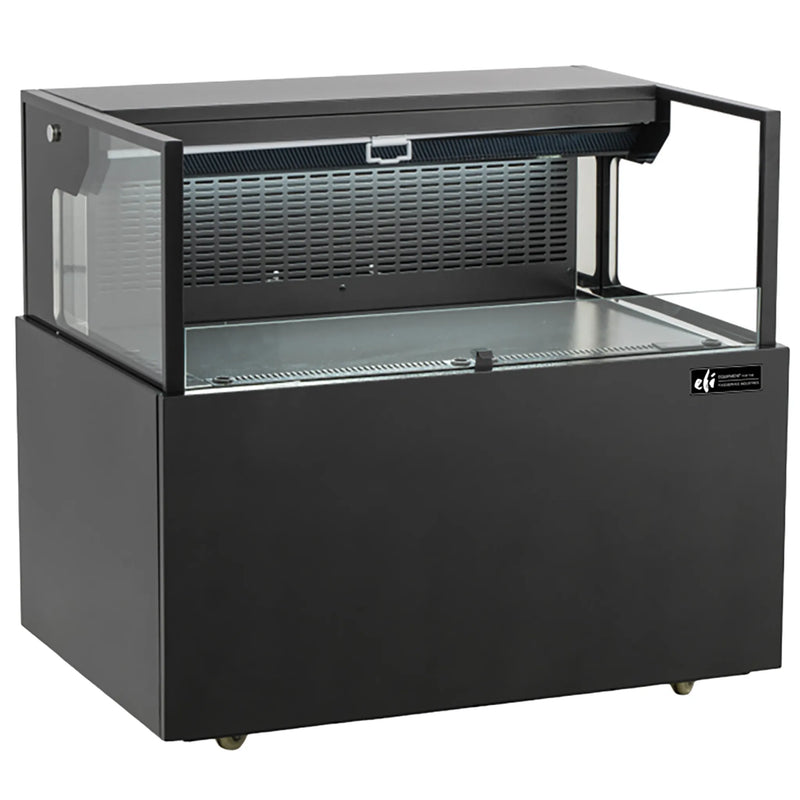 EFI CGOMS-3624 36 inch black straight glass shallow open air refrigerated display case with lit canopy, angled view