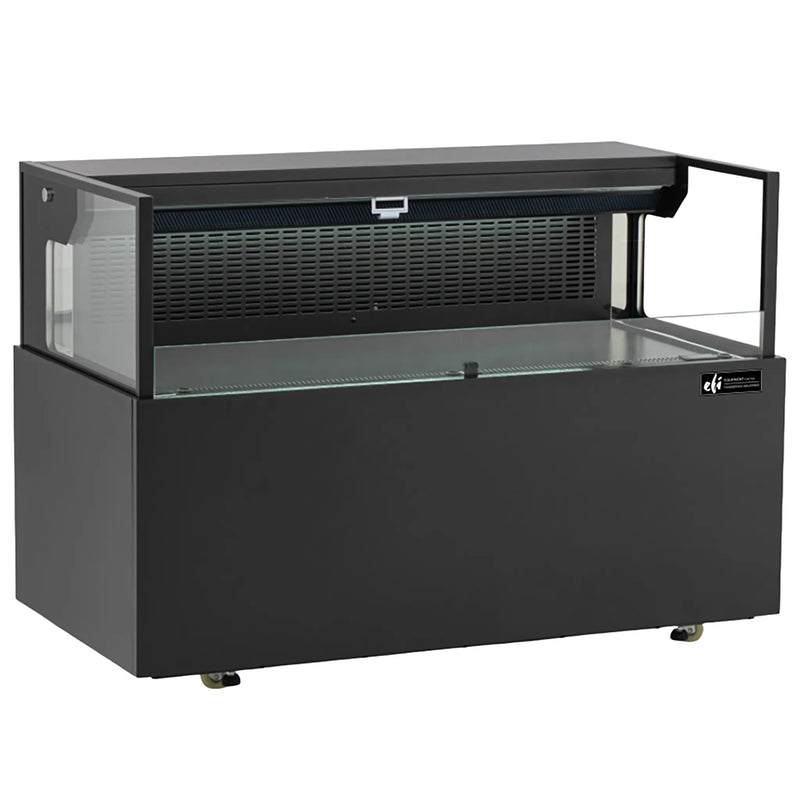 EFI CGOMS-4724 47 inch black straight glass shallow open air refrigerated display case with lit canopy, angled view
