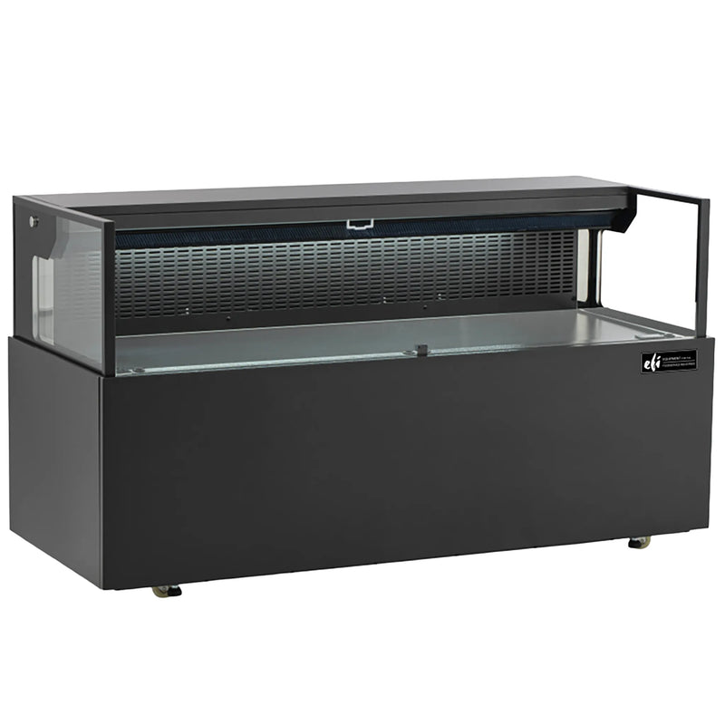 EFI CGOMS-6024 59 inch black straight glass shallow open air refrigerated display case with lit canopy, angled view