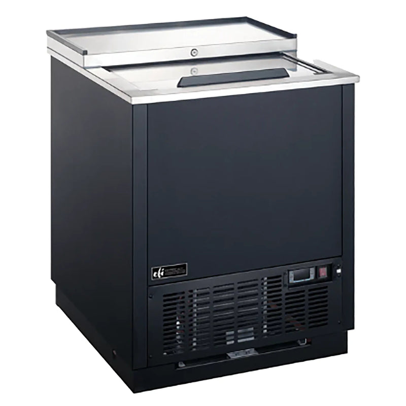 EFI FGF-25-VCX commercial 26-inch wide black glass chiller with stainless steel top and front vent, angled view