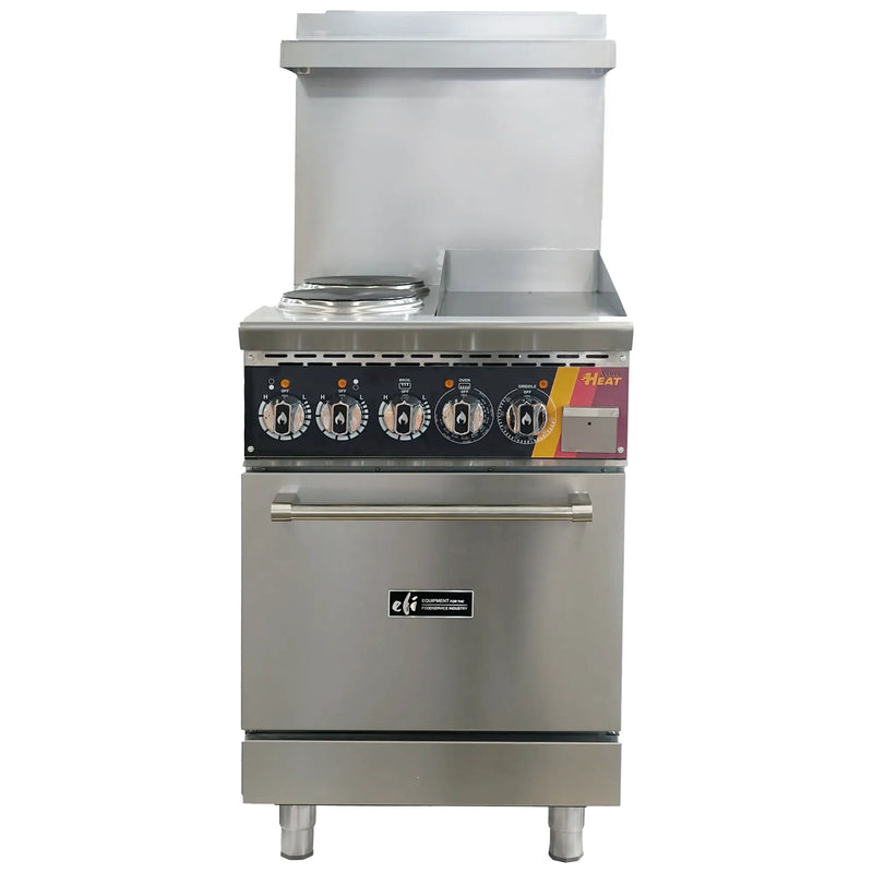 EFI HRG24-12GM-2B-ELC 24 inch electric stainless steel range with two French plates, 12 inch griddle and oven, front view