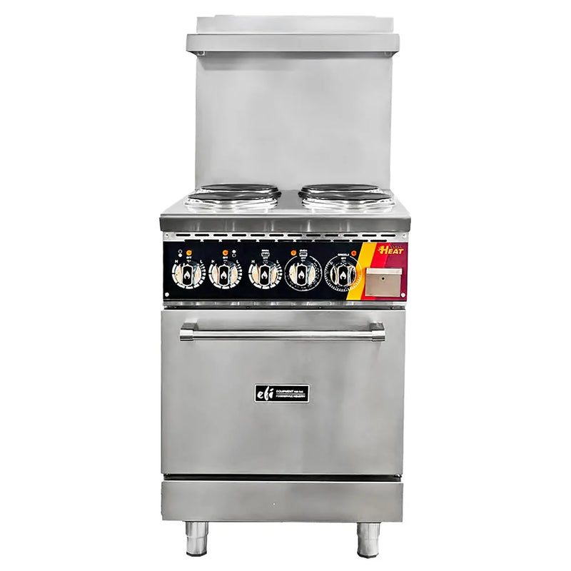 EFI HRG24-4B-ELC 24 inch electric stainless steel range with four French plate burners and oven below, front view