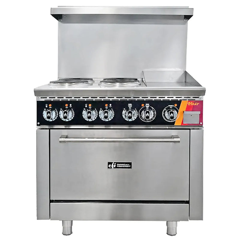 EFI HRG36-12GM-4B-ELC 36 inch electric stainless steel range with four French plates, 12 inch griddle and oven, front view