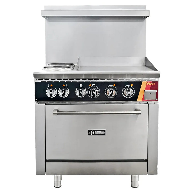 EFI HRG36-24GM-2B-ELC 36 inch electric stainless steel range with two French plates, 24 inch griddle and oven, front view