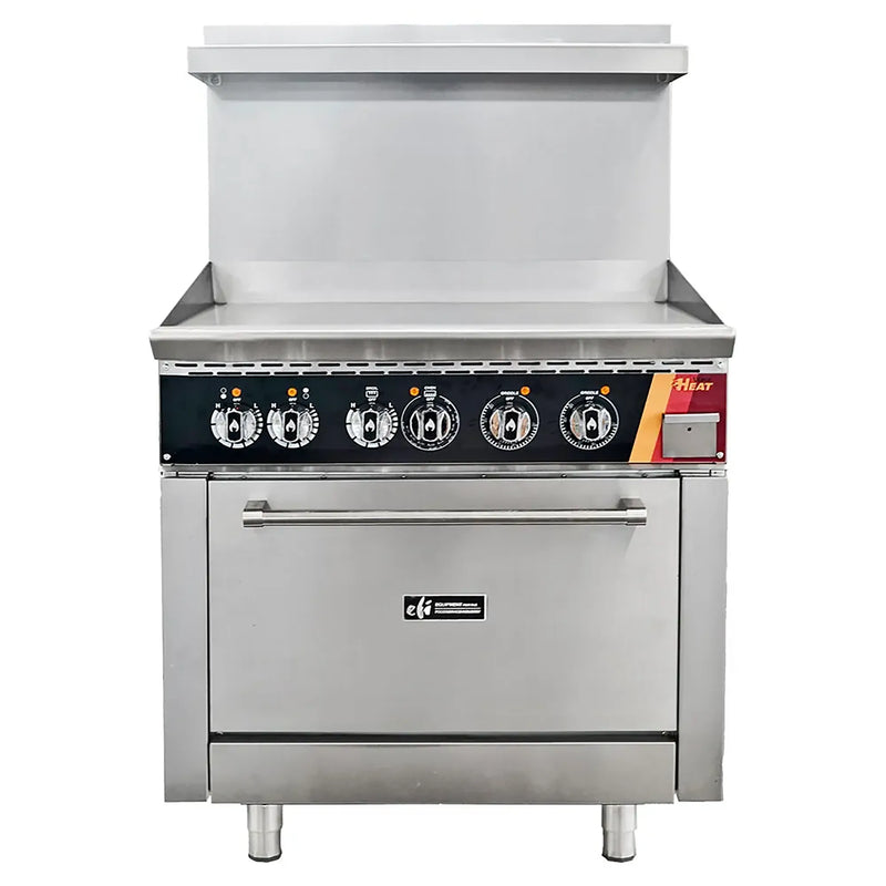 EFI HRG36-36GM-ELC 36 inch electric stainless steel griddle top range with full width griddle and oven below, front view