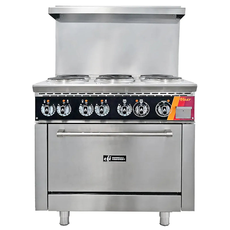 EFI HRG36-6B-ELC 36 inch electric stainless steel range with six French plate burners and oven below, front view