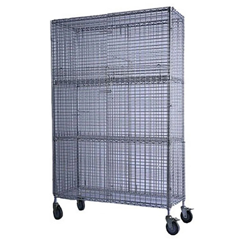 EFI N-SU2436C chrome wire security cage with three shelves inside, mounted on swivel casters, angled front view