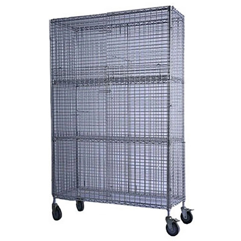 EFI N-SU2436EP epoxy coated wire security cage with three shelves inside, mounted on swivel casters, angled front view